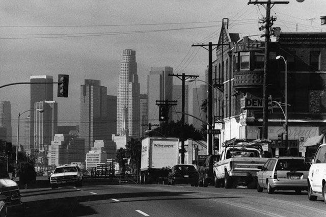 Looking east from the intersection of Boyle Avenue and 1st Street with downtown in the distance, circa 1998. (Photo courtesy of the Los Angeles Public Library Photo Collection)