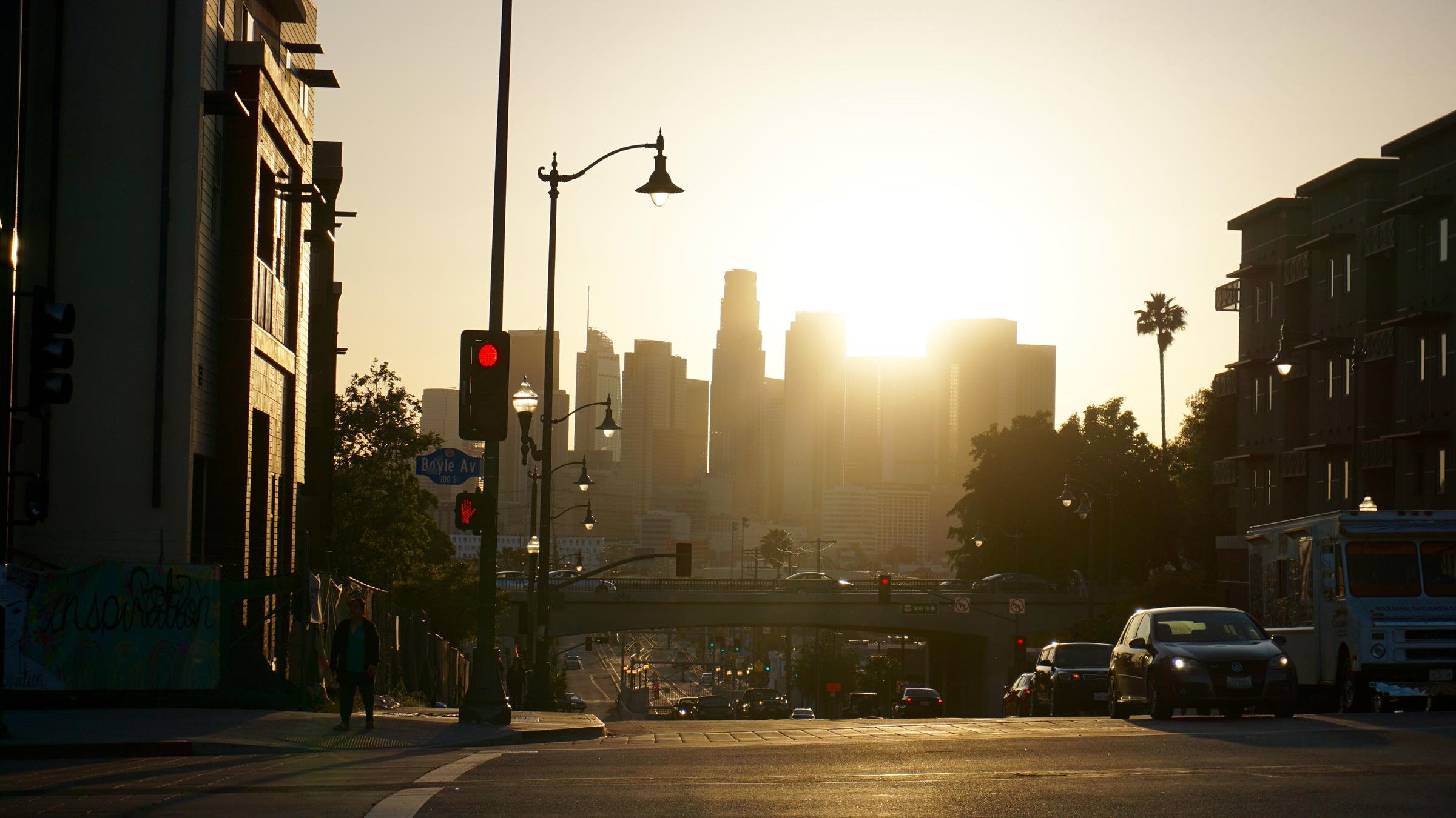 The view of downtown Los Angeles from Boyle Heights. As more neighborhoods in LA gentrify and see rents rise, many residents in this largely working class Latino neighborhood fear their neighborhood could be next. Art galleries have become the focus of concern.