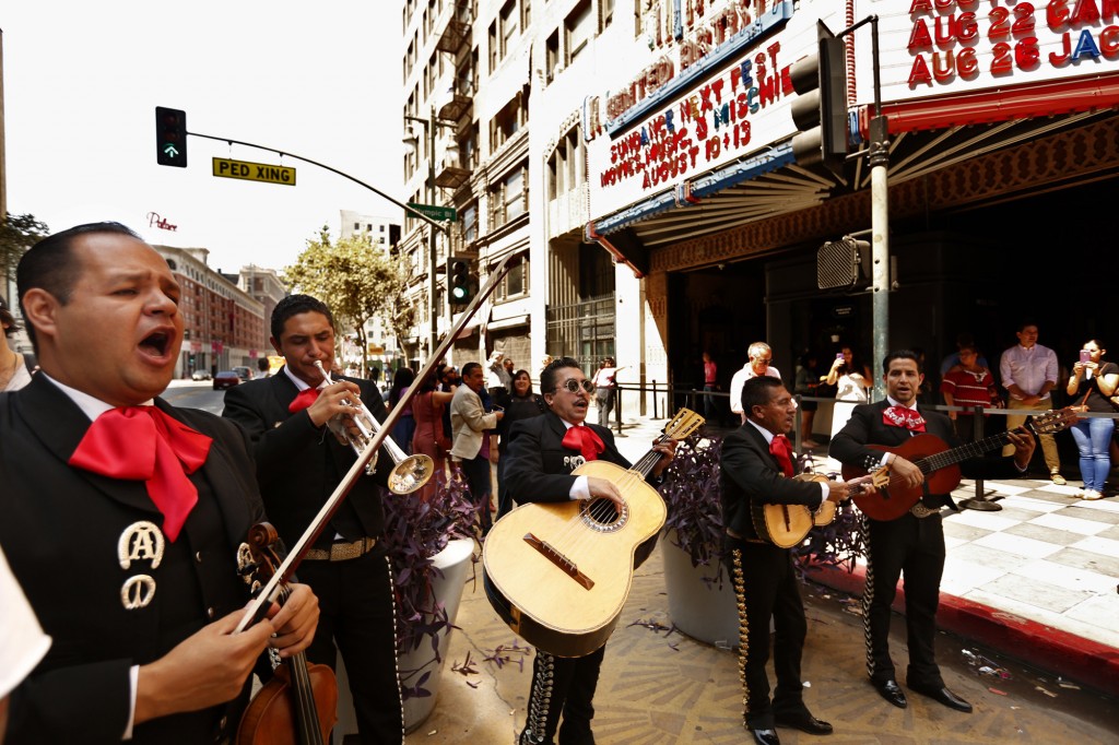 Arturo Rubalcaba, from left, and Pedro Trujillo join mariachis Luis Valdivia, his brother, Enrique, and Moises Hernandez at the Sundance Nextfest screening of "Gente-fied" at the Theatre at Ace Hotel in Los Angeles. (Genaro Molina / Los Angeles Times) 