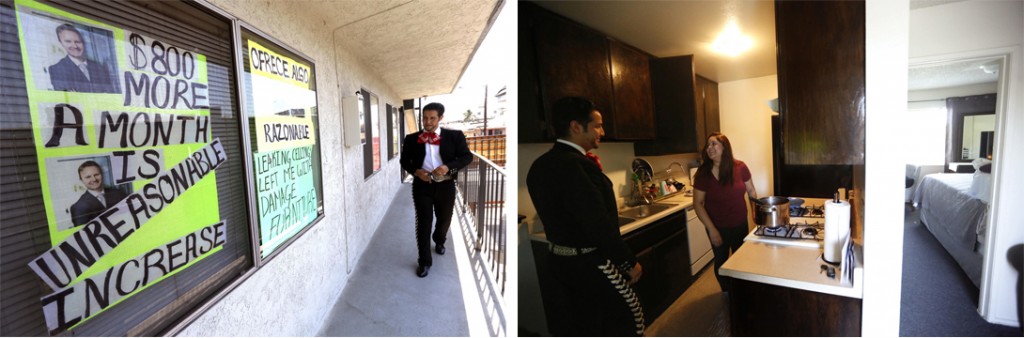 Left, Mariachi Moises Hernandez, 30, walks to his apartment that features a protest sign regarding rising rents at the apartment complex in the Boyle Heights. Hernandez spends some time with his wife, Karen, in their apartment in the Boyle Heights. The couple are being evicted because they are unable to keep up with an 80 percent rise in their rents. (Genaro Molina / Los Angeles Times) 