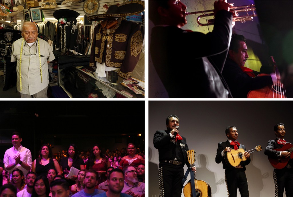 Clockwise from top left: "I don't think our culture is going to fade away," said Jorge Tello, who has been the tailor to mariachi clientele for the last 33 years on First Street in the Boyle Heights. Mariachi Luis Valdivia, right, performs during the Sundance Nextfest screening of "Gente-fied" at the Ace Hotel in Los Angeles. Mariachi performers Luis Valdivia, left, tells an audience that his rent was raised 80% at his apartment complex after a performance at the Ace Hotel. Tenants who are facing eviction from an apartment complex in the Boyle Heights are asked to stand during the Sundance Nextfest screening of "Gente-fied." (Genaro Molina / Los Angeles Times)