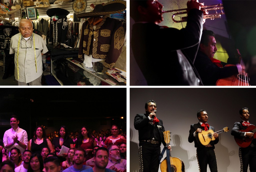 Clockwise from top left: "I don't think our culture is going to fade away," said Jorge Tello, who has been the tailor to mariachi clientele for the last 33 years on First Street in the Boyle Heights. Mariachi Luis Valdivia, right, performs during the Sundance Nextfest screening of "Gente-fied" at the Ace Hotel in Los Angeles. Mariachi performers Luis Valdivia, left, tells an audience that his rent was raised 80% at his apartment complex after a performance at the Ace Hotel. Tenants who are facing eviction from an apartment complex in the Boyle Heights are asked to stand during the Sundance Nextfest screening of "Gente-fied." (Genaro Molina / Los Angeles Times) 