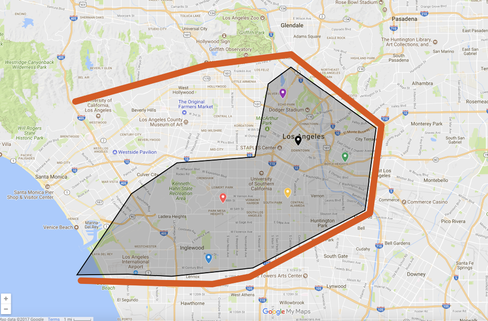 The orange outline is the contiguous area being colonized by the rich. The shaded region contains areas historically populated by Black and Latin@ communities. Each colored pinpoint represents a neighborhood, as follows, starting from the top of the shaded area: Echo Park/Silver Lake is purple. Downtown is black. Boyle Heights is green. South Central is yellow. Crenshaw is red. Inglewood is blue.