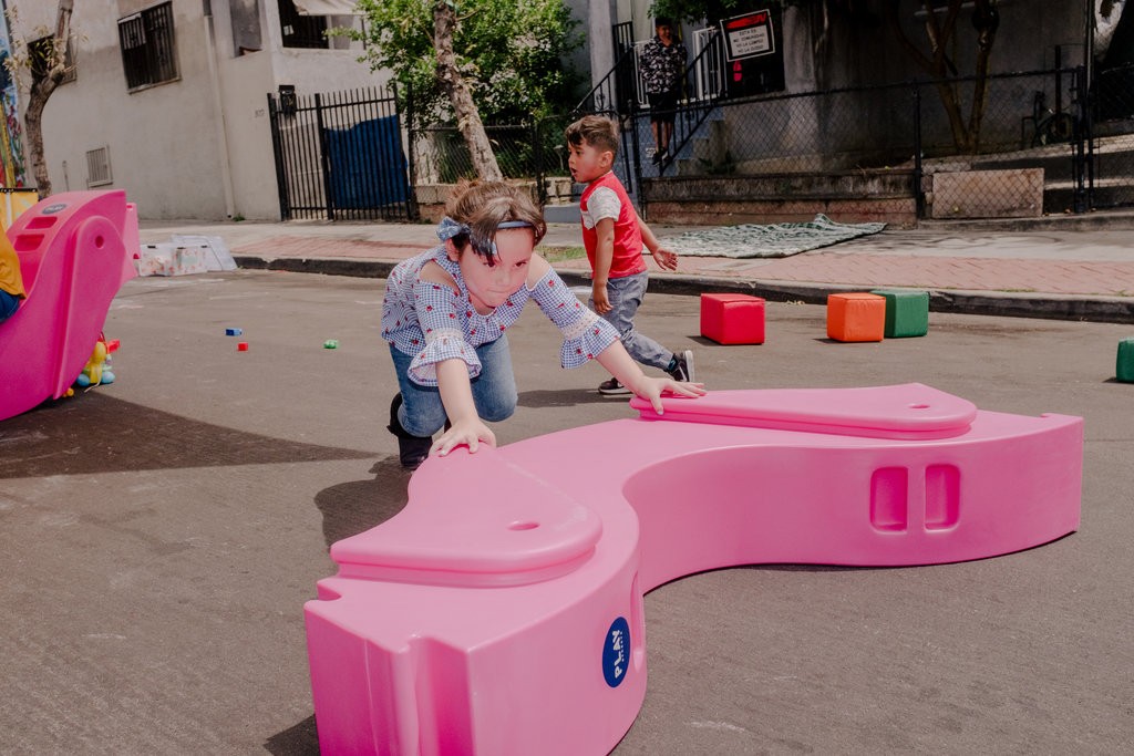 Plastic “wobbles†provided by KDI became building blocks, seesaws and more.CreditColey Brown for The New York Times
