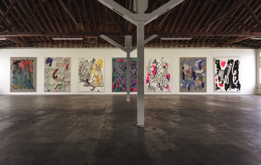 Installation view of â€œ12 Paintings by Laura Owens and Ooga Booga #2,â€ 2013, at 356 Mission, Los Angeles. COURTESY THE ARTIST AND 356 MISSION